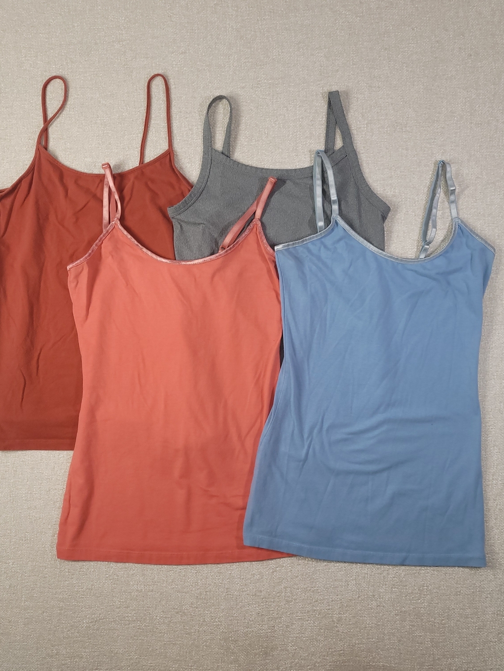 Multiple Slim Camisole Tops in Rust, Coral, Gray & Blue